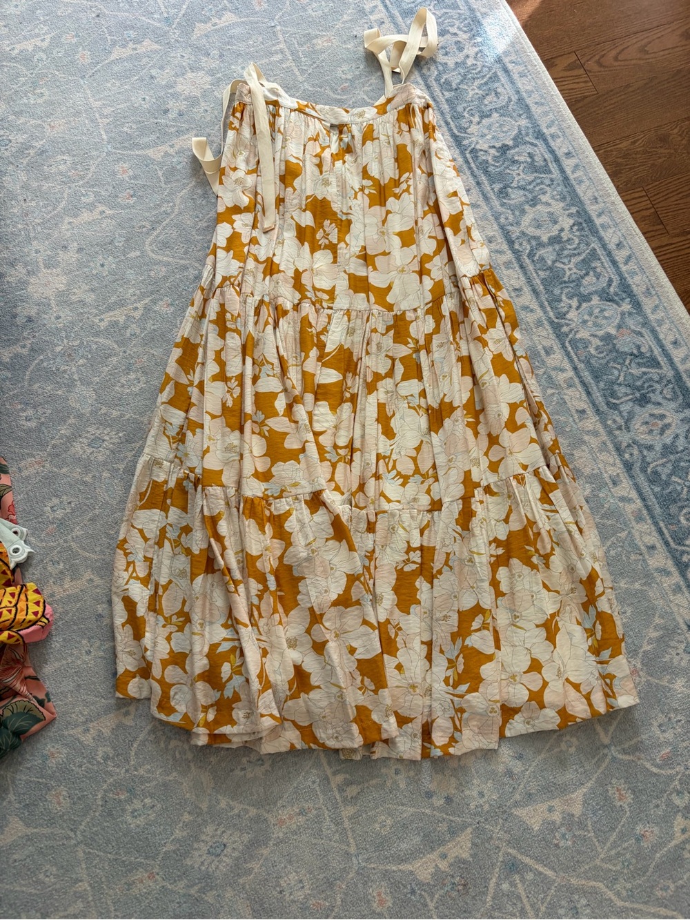 Tie-Shoulder Floral Tiered Maxi Dress in Mustard and White